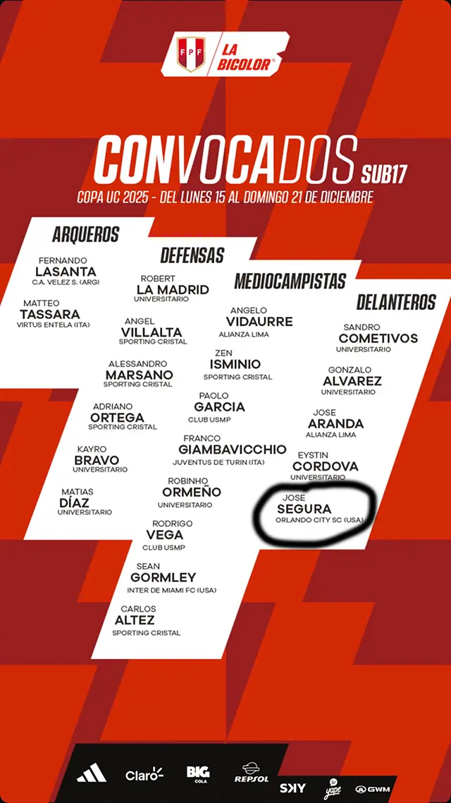 Jose Segura convocado a la selección peruana Sub-17 para competir en la Copa UC, incluido en la lista oficial publicada por la Federación Peruana de Fútbol